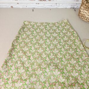 Vintage 90s Made in USA Cotton Floral A-Line Skirt Green Pink Preppy Cottagecore